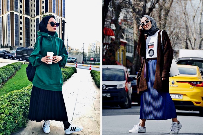 OOTD Hijab Rok Plisket dengan Sweater and Sneakers
