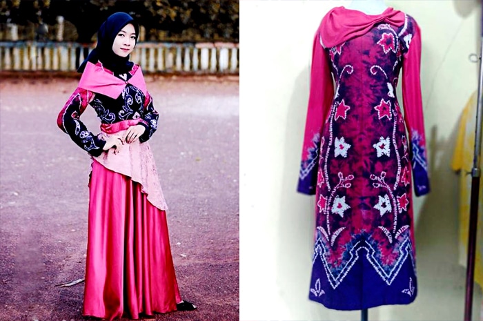 Dress Muslim Kombinasi Kain Sasirangan Motif Kambang Kacang