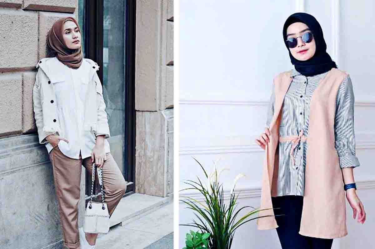 Gabungan  Kemeja dan Sweater - Model outfit hijab kekoreaan yang cukup formal