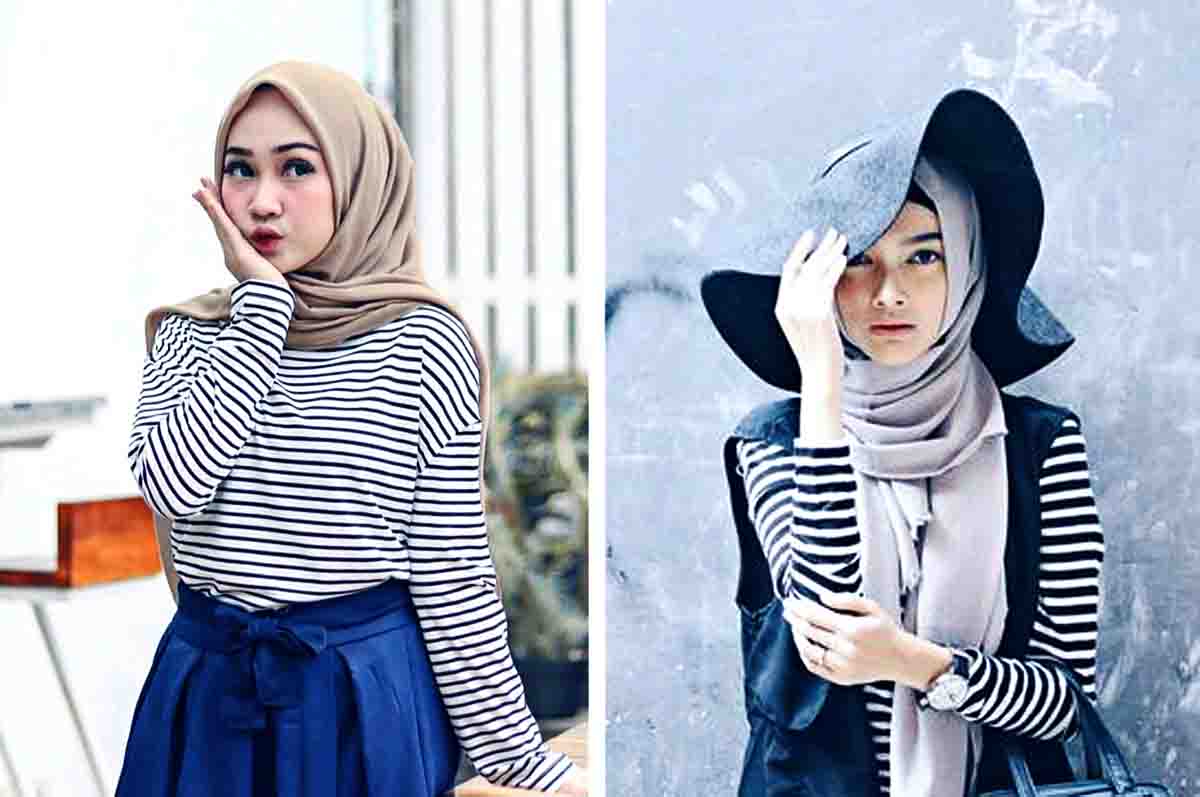 Perpaduan Striped Shirt - Style baju hijab ala Korea yang cocok untuk hangout