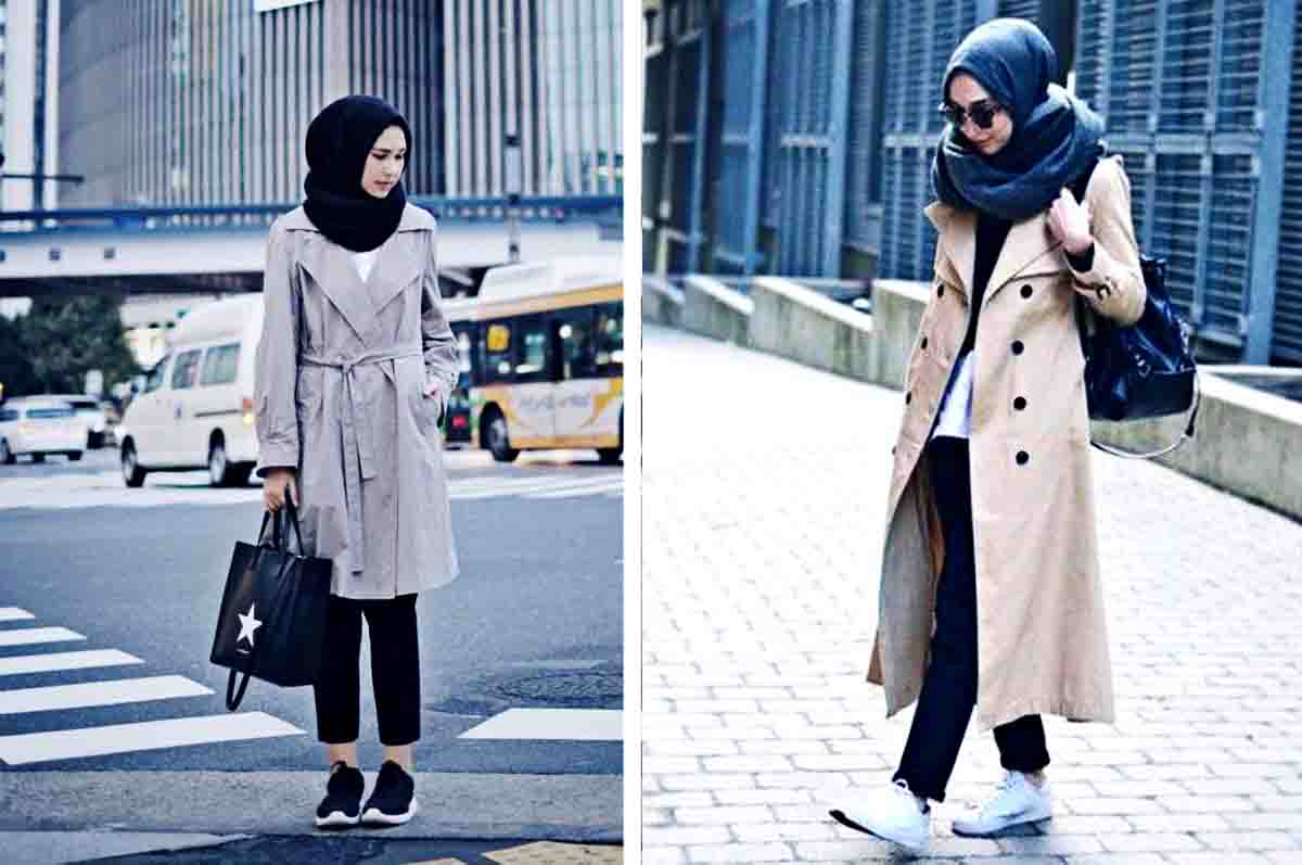 Ruffle Trench Coat atau Cape Stylish - Outfit hijab Korea ala casual